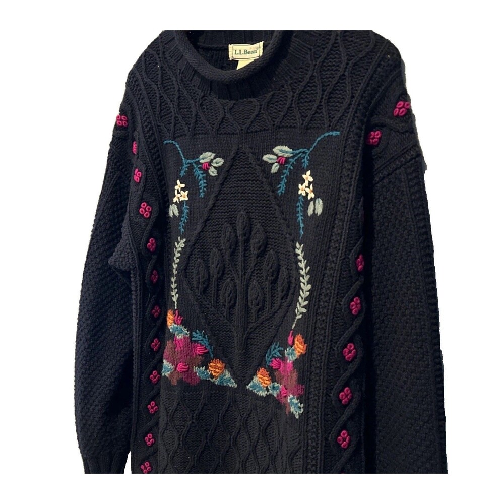 Vtg LL Bean Floral Embroidered Rolled Neck 90s Blue Sweater Medium Cottagecore